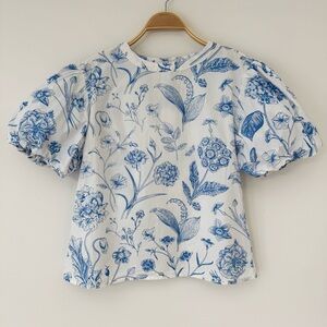 Olivia James The Label Floral Crips Blue & White Puff Sleeve Blouse, Size S